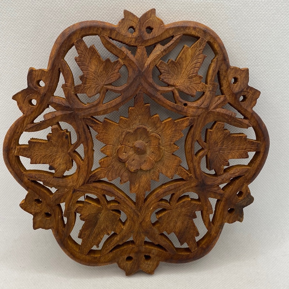 Vintage Hand Carved Wooden Raised Footed Trivet Leaves & Flower Made in India